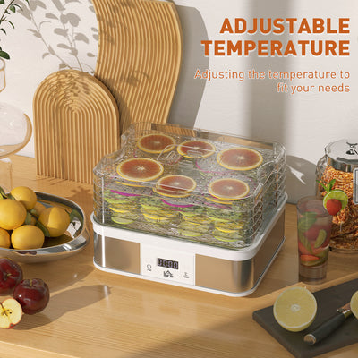 HOMCOM 5 Tier Food Dehydrator, 245W Stainless Steel Food Dryer Machine with Adjustable Temperature, Timer and LCD Display for Drying Fruit, Meat, Vegetable, Jerky and Pet Treat, White 