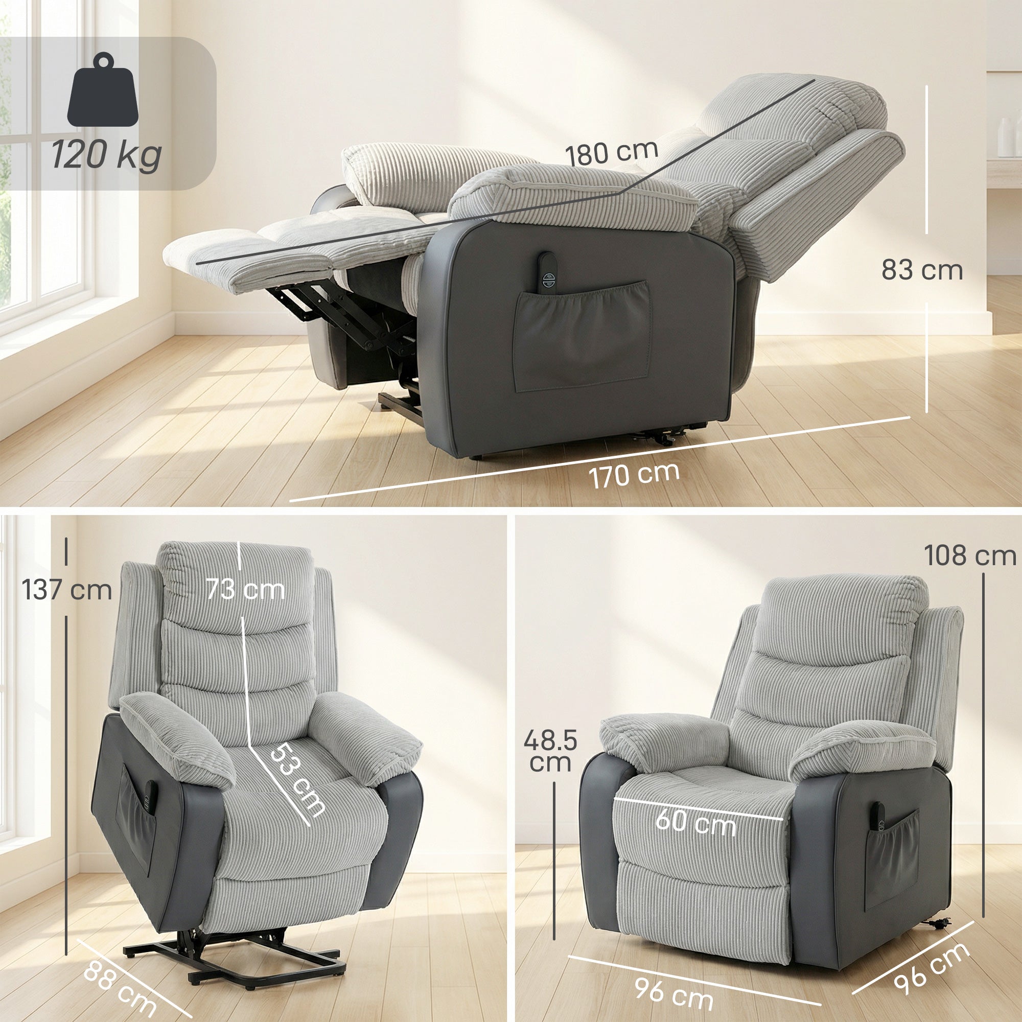 HOMCOM Overstuffed Corduroy Electric Lift Recliner Chair - Light Grey 