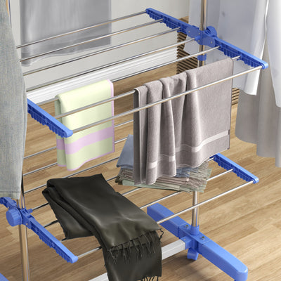 HOMCOM Four-Shelf Collapsing Clothes Horse, With Side Arms and Wheels - Blue 