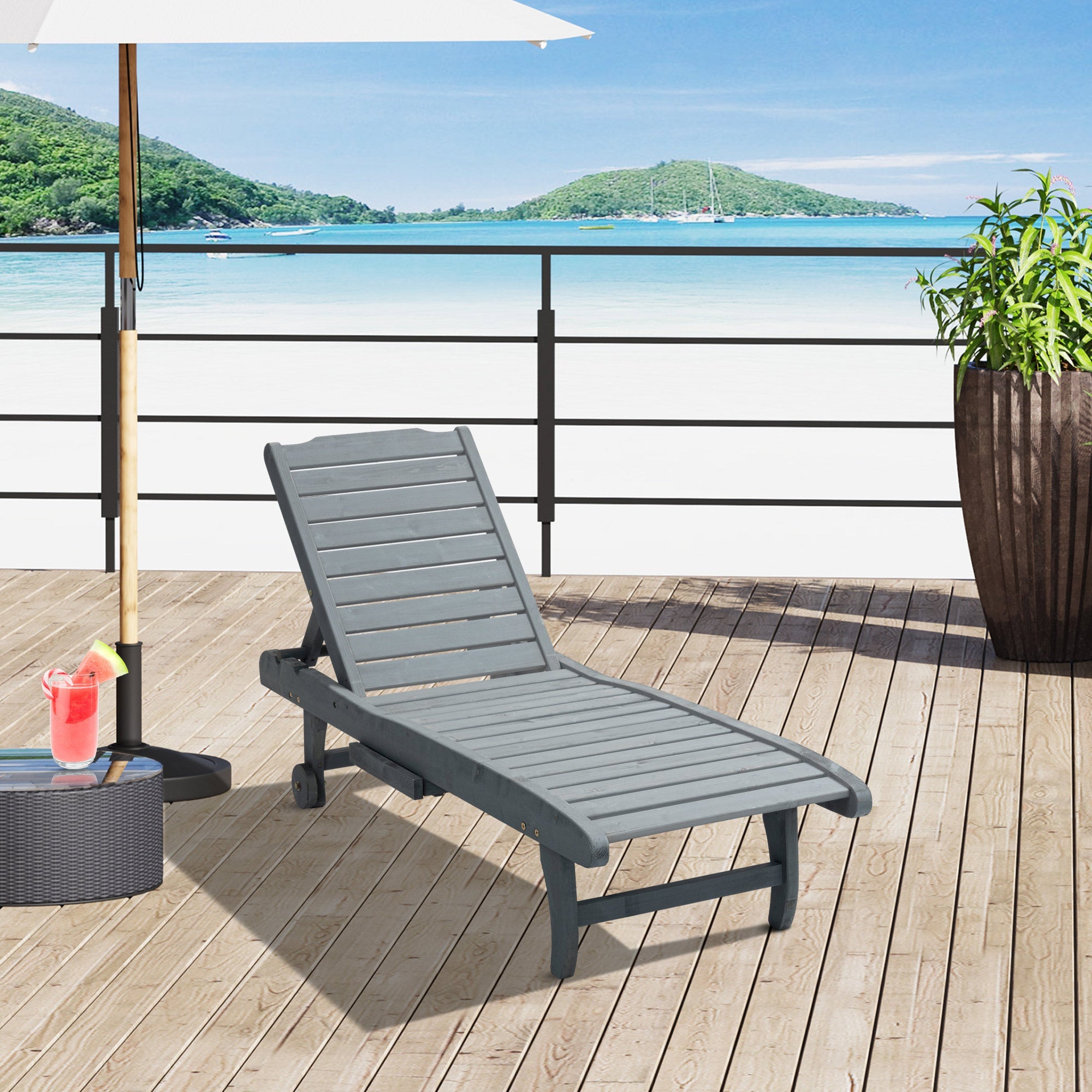 Outsunny Garden Patio Sun Lounger, Outdoor Wooden Sun Bed with Built-In Table, Reclining Backrest and Rolling Wheels for Sunbathing, Grey 