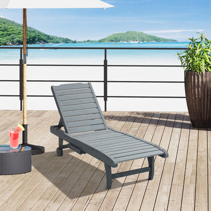 Outsunny Garden Patio Sun Lounger, Outdoor Wooden Sun Bed with Built-In Table, Reclining Backrest and Rolling Wheels for Sunbathing, Grey 
