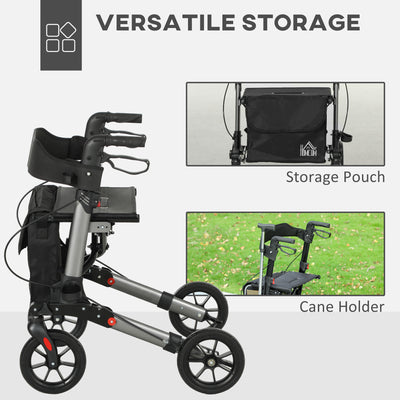 HOMCOM 4 Wheel Rollator with Seat and Back, Folding Mobility Walker with Carry Bag, Adjustable Height, Dual Brakes, Cane Holder, Lightweight Aluminium Walking Frame for Seniors and Disabled, Silver 