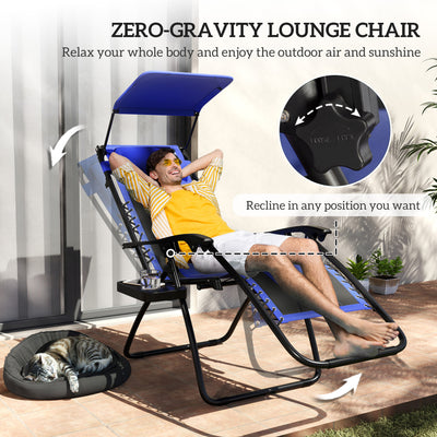 Outsunny Zero Gravity Lounger Chair, Folding Reclining Patio Chair with Shade Cover, Padded Seat, Cup Holder, Soft Cushion and Headrest for Poolside, Camping, Blue 