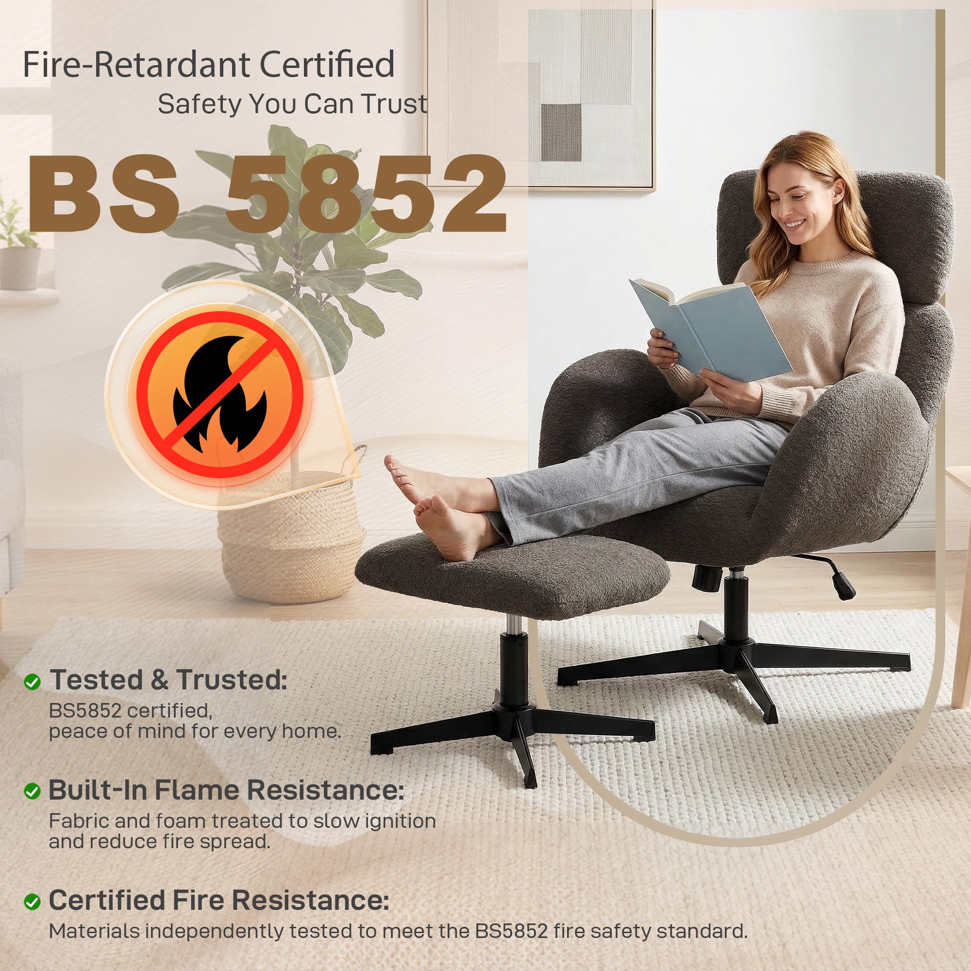 HOMCOM Swivel Armchair and Footstool Set, Height Adjustable Accent Chair with Adjustable Headrest, Rocking Function, Light Brown 