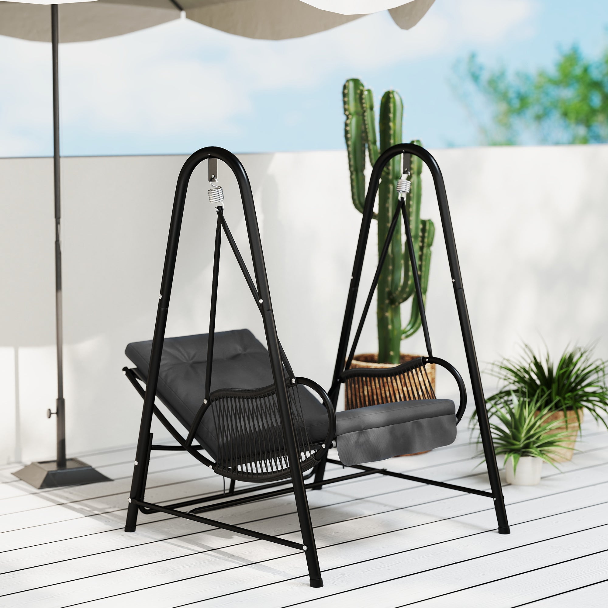 Outsunny Rattan Swing Chair, Outdoor Garden Hanging Swing Seat with Stand and Seat Cushion, Porch Hanging Chair for Balcony, Garden, Deck, Dark Grey 