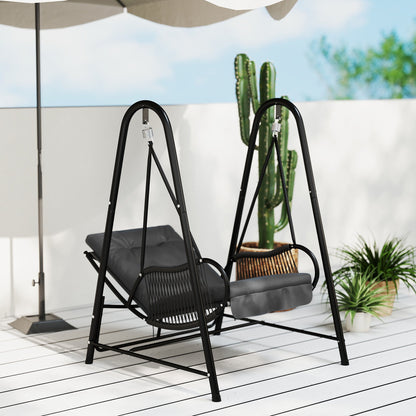 Outsunny Rattan Swing Chair, Outdoor Garden Hanging Swing Seat with Stand and Seat Cushion, Porch Hanging Chair for Balcony, Garden, Deck, Dark Grey 