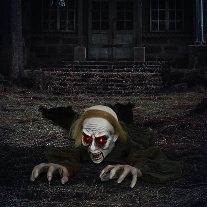 HOMCOM 167 cm Outdoor Halloween Decoration Crawling Zombie, Animated Prop Decor with Sound Activated, Light Up Eyes