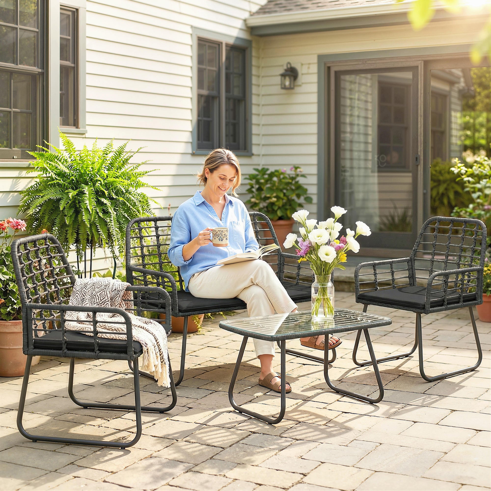 Outsunny 4 Piece Rattan Garden Furniture Set, Outdoor Patio Furniture with Loveseat, Armchairs and Coffee Table 