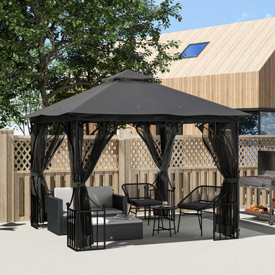 Outsunny 3 x 3(m) Garden Gazebo Patio Party Tent Shelter Outdoor Canopy Double Tier Sun Shade Metal Frame Netting, Dark Grey 