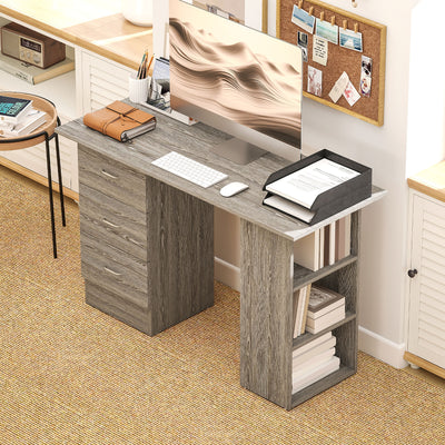 HOMCOM Computer Desk, Writing Table, PC Workstation with 3 Storage Shelves and Drawers, Silver Handle, for Home Office, Grey 