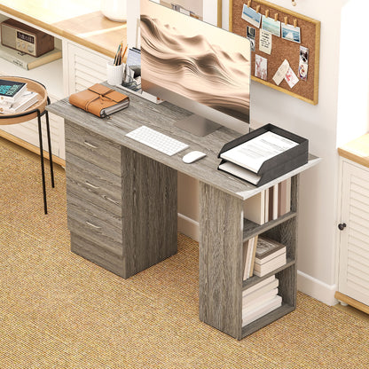 HOMCOM Computer Desk, Writing Table, PC Workstation with 3 Storage Shelves and Drawers, Silver Handle, for Home Office, Grey