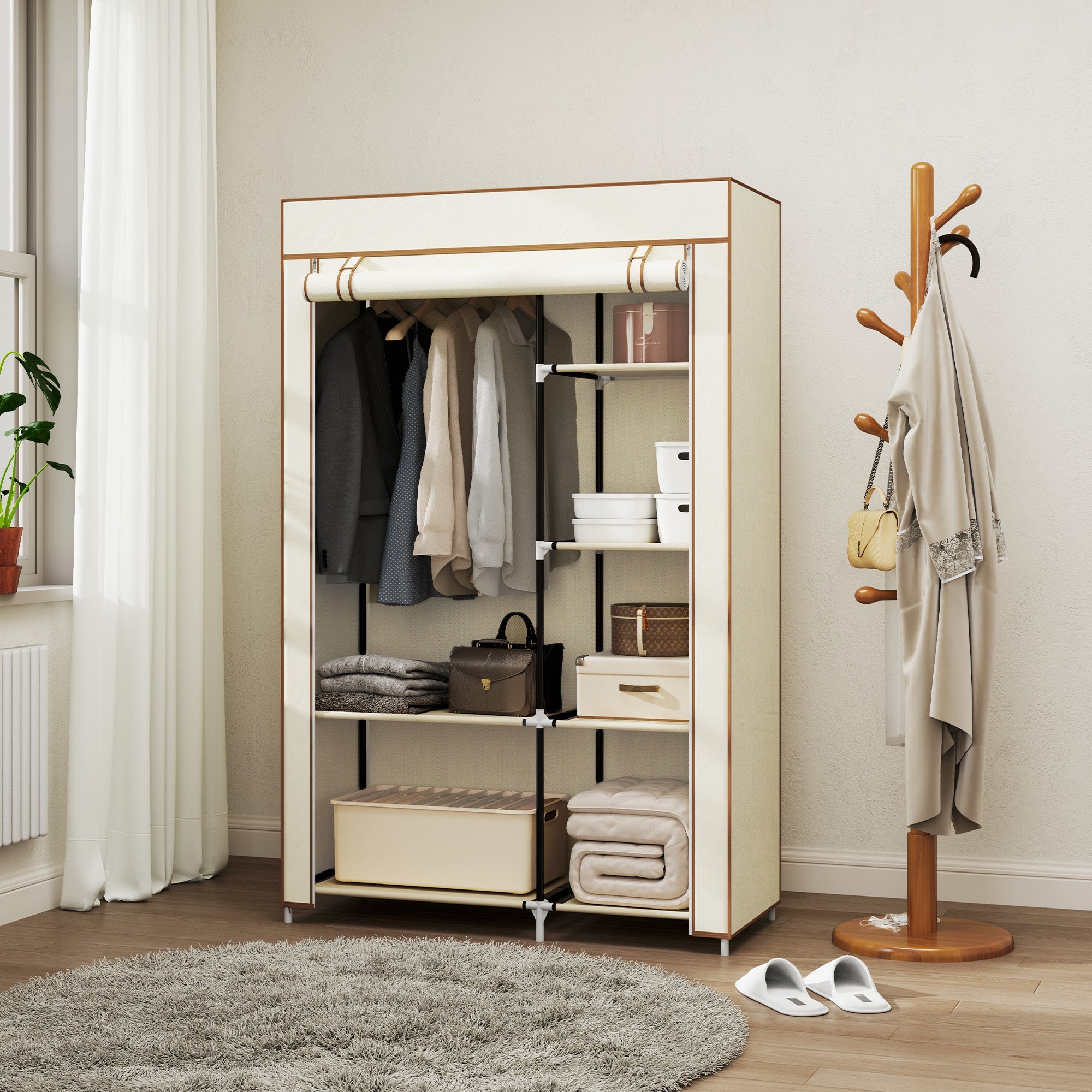 HOMCOM Fabric Wardrobe, Portable Wardrobe with 6 Shelves, 1 Hanging Rail, Foldable Closets, 103 x 43 x 162.5 cm, Cream White 