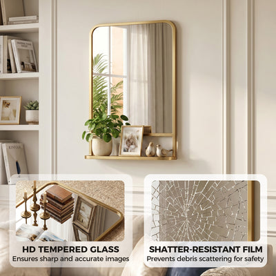 HOMCOM Modern Rectangular Wall Mirror with Storage Shelf, 70 x 50 cm, Gold Tone