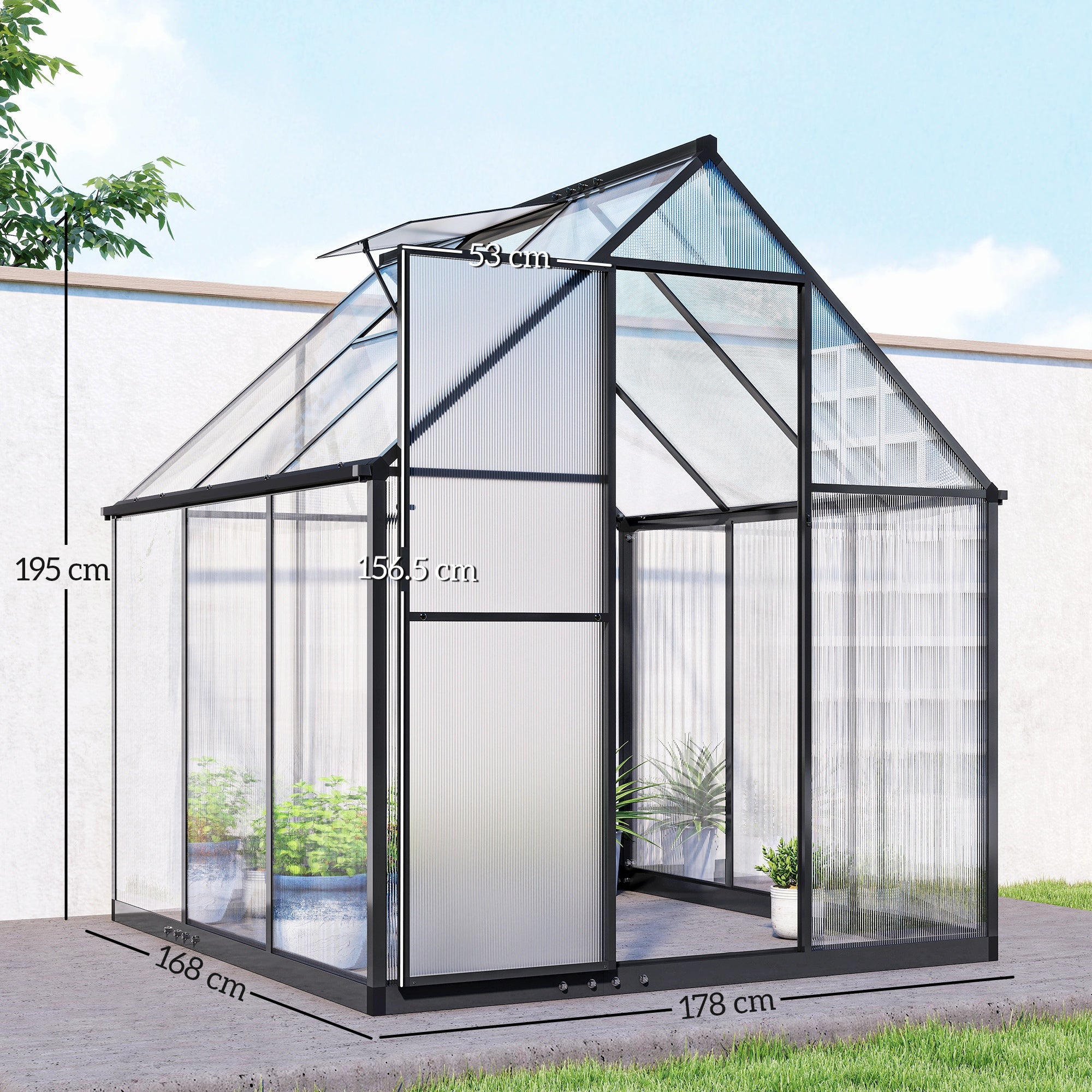 Outsunny Polycarbonate Greenhouse with Swing Door and Adjustable Window, Walk-in Greenhouse with Rain Gutter, 5.5 x 6ft, Black 