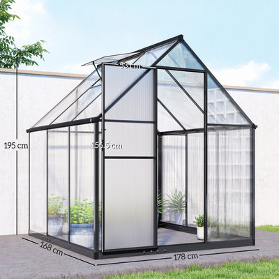 Outsunny Polycarbonate Greenhouse with Swing Door and Adjustable Window, Walk-in Greenhouse with Rain Gutter, 5.5 x 6ft, Black 