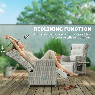 Outsunny Rattan Garden Recliner Chair, Reclining Garden Chair with Adjustable Back and Footrest, Flip Table, Cushion, Light Grey 