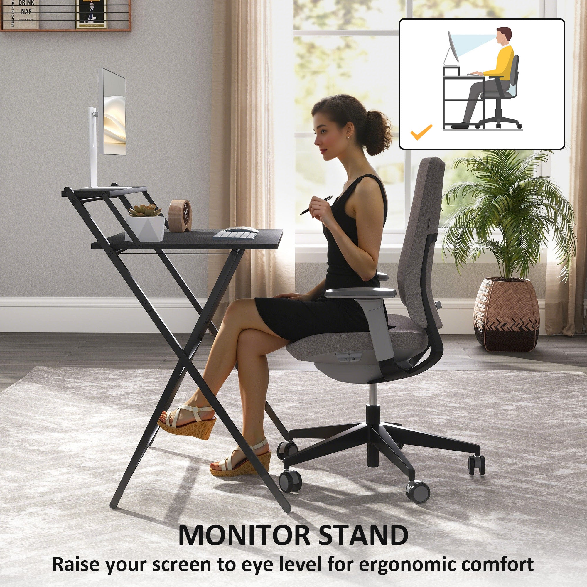 HOMCOM 81.5 cm Folding Computer Desk with Monitor Shelf - Black