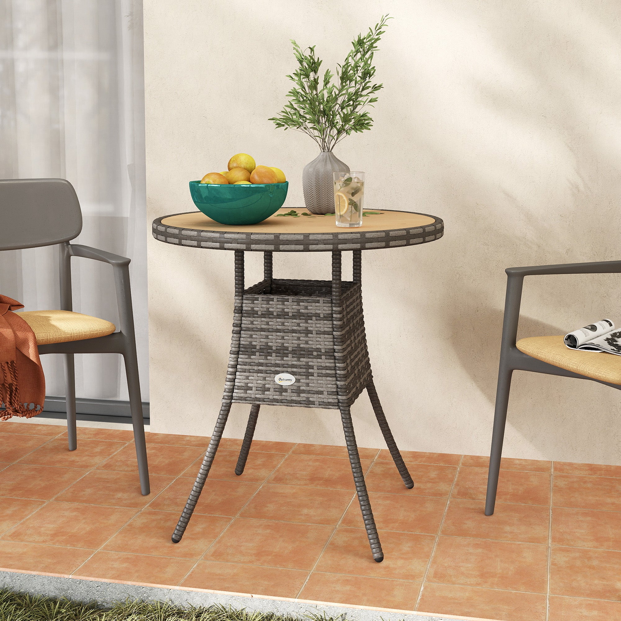 Outsunny 70 cm Wood-Effect Rattan Garden Table - Natural Wood Finish 