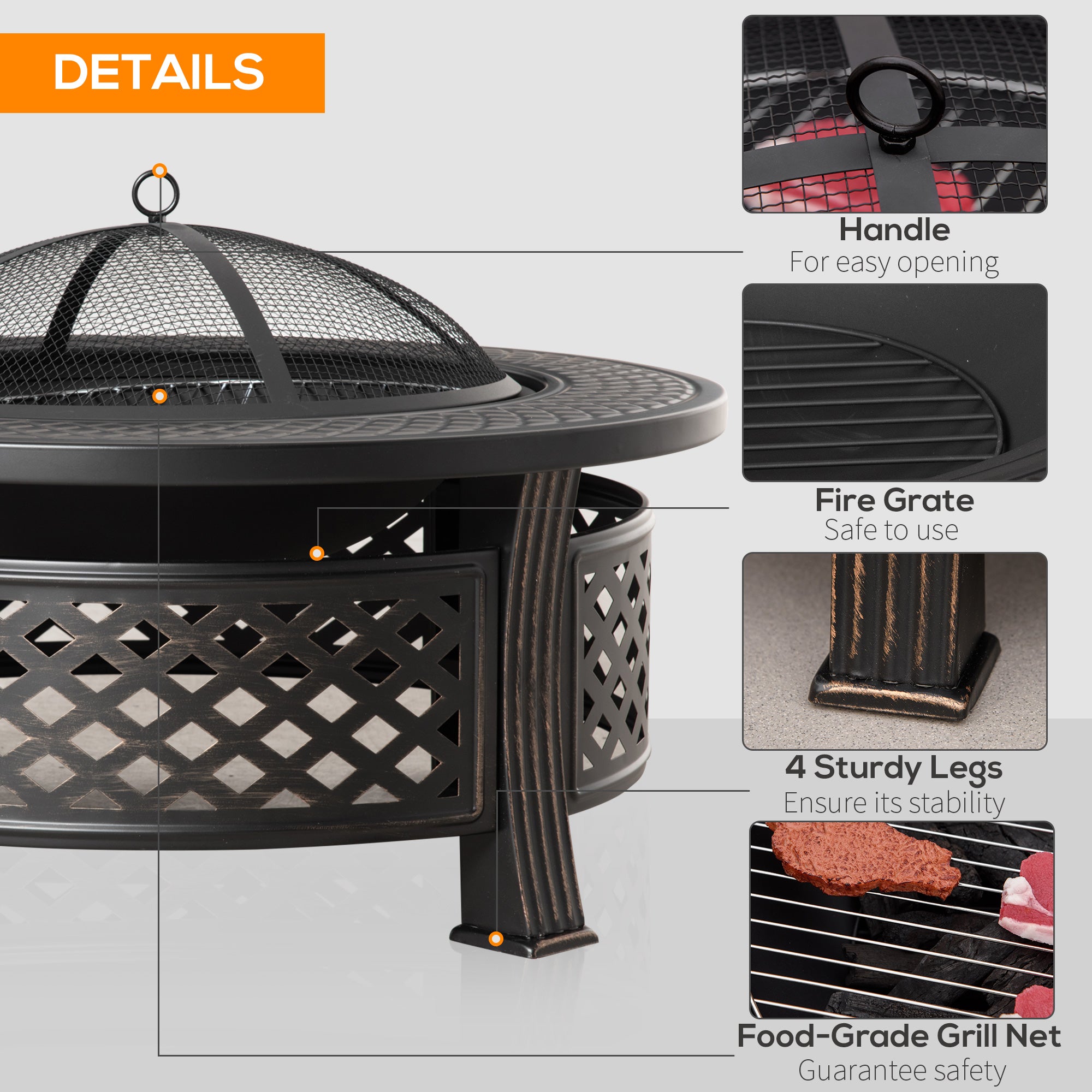 Outsunny Outdoor Fire Pit, Firepit with Grill Net, Mesh Lid, Poker, for Camping, Bonfire, Picnic, Bronze Tone 