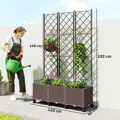 Outsunny Plastic Raised Planter with Trellis, Self Watering Raised Bed for Garden with Wheels, Drainage Holes and Plugs 