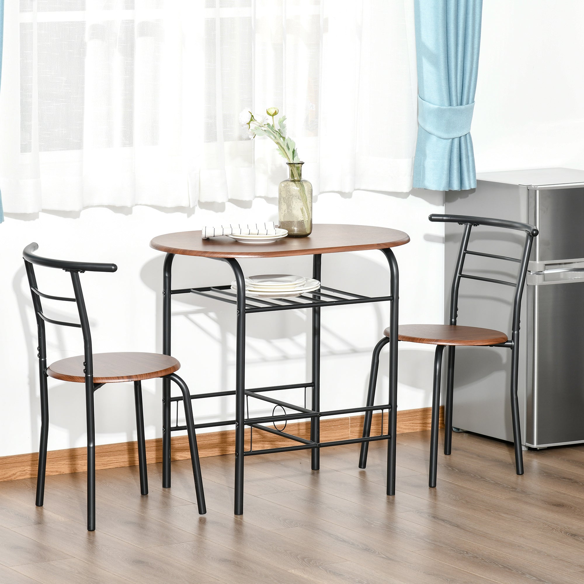 HOMCOM 3-Piece Dining Table Set , Metal Frame Wood Top Breakfast Bar Table Set for 2, Dining Table w/Storage Shelf & 2 chairs 