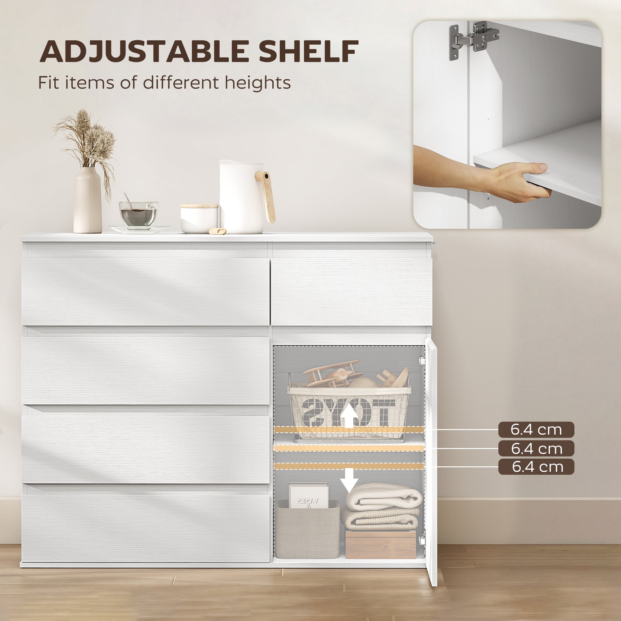 HOMCOM Modern Chest Of Drawers, 5 Drawer Dresser with Adjustable Shelf, Soft-Close Door, White 
