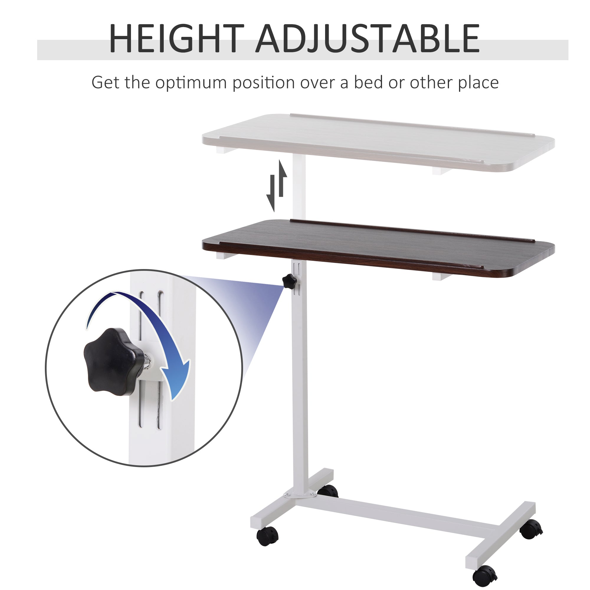 HOMCOM Height Adjustable Over Bed Table with Wheels, C Shaped Laptop Desk, Portable Hospital Bed Table for Living Room, Bedroom, Brown 