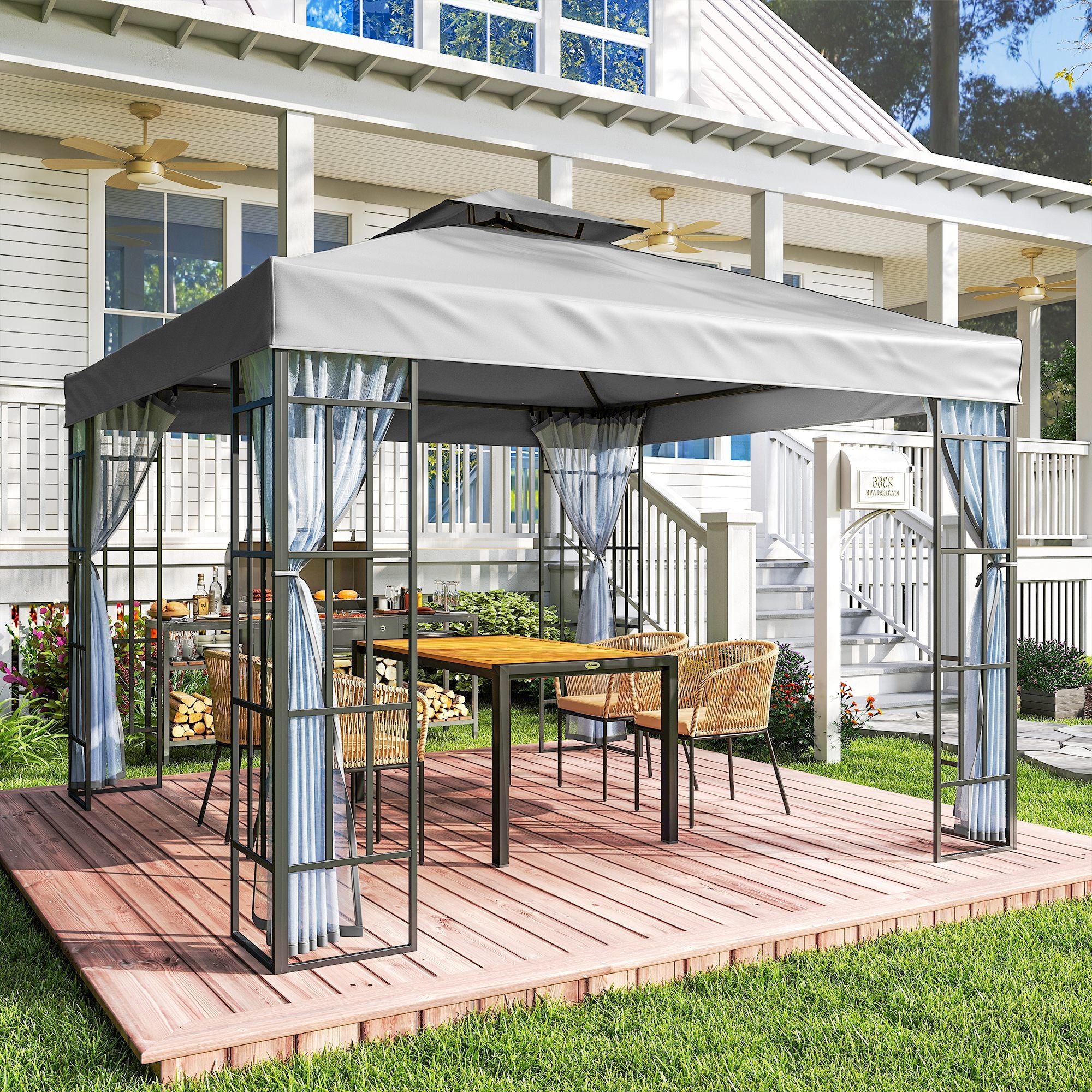 Outsunny 3 x 3(m) Patio Gazebo Canopy Garden Pavilion Tent Shelter with 2 Tier Roof and Mosquito Netting, Light Grey 