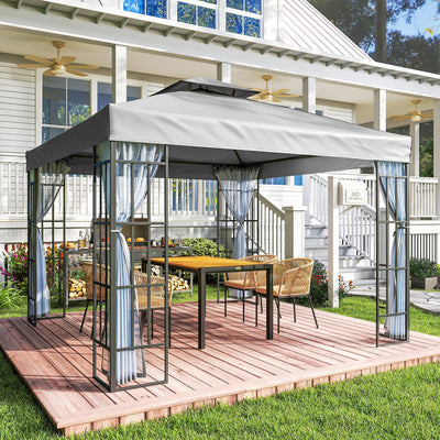 Outsunny 3 x 3(m) Patio Gazebo Canopy Garden Pavilion Tent Shelter with 2 Tier Roof and Mosquito Netting, Light Grey 