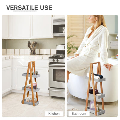 kleankin Bathroom Storage Shelves, 3-Tier Slim Shelving Unit, Freestanding Bamboo Shelf Unit, A Frame Space Saver Toilet Rack, Natural 