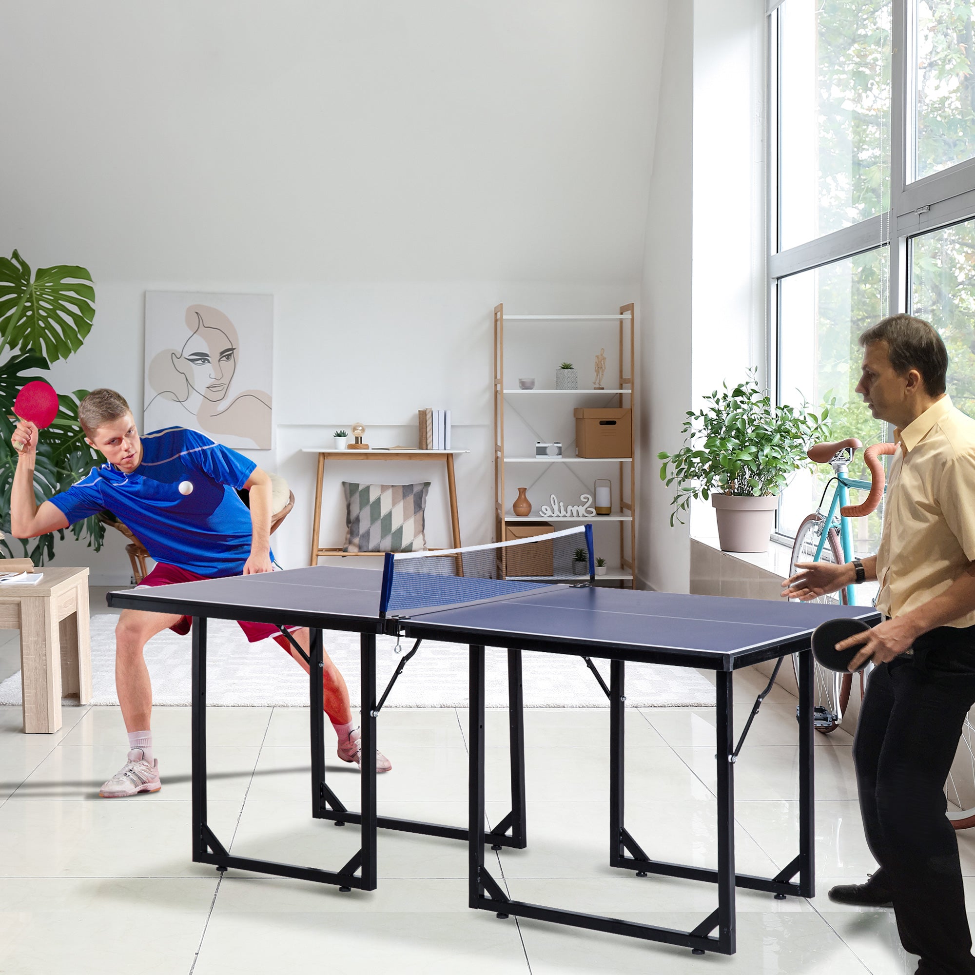 HOMCOM 6ft 182cm Mini Table Tennis Table Folding Ping Pong Table with Net Multi-Use Table for Indoor Outdoor Game, Blue 