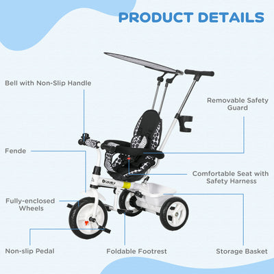 HOMCOM 6 in 1 Tricycle for Kids with 5-point harness straps, Removable Canopy, White 