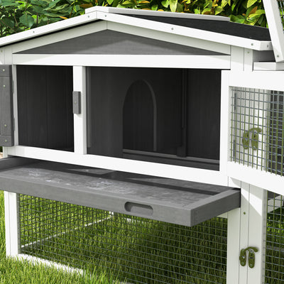 PawHut Rabbit Hutch with Run Wooden Guinea Pig Hutch Outdoor Bunny Cage Hide House with Sliding Tray, Hay Rack, Ramp, 156 x 58 x 68cm, Grey 