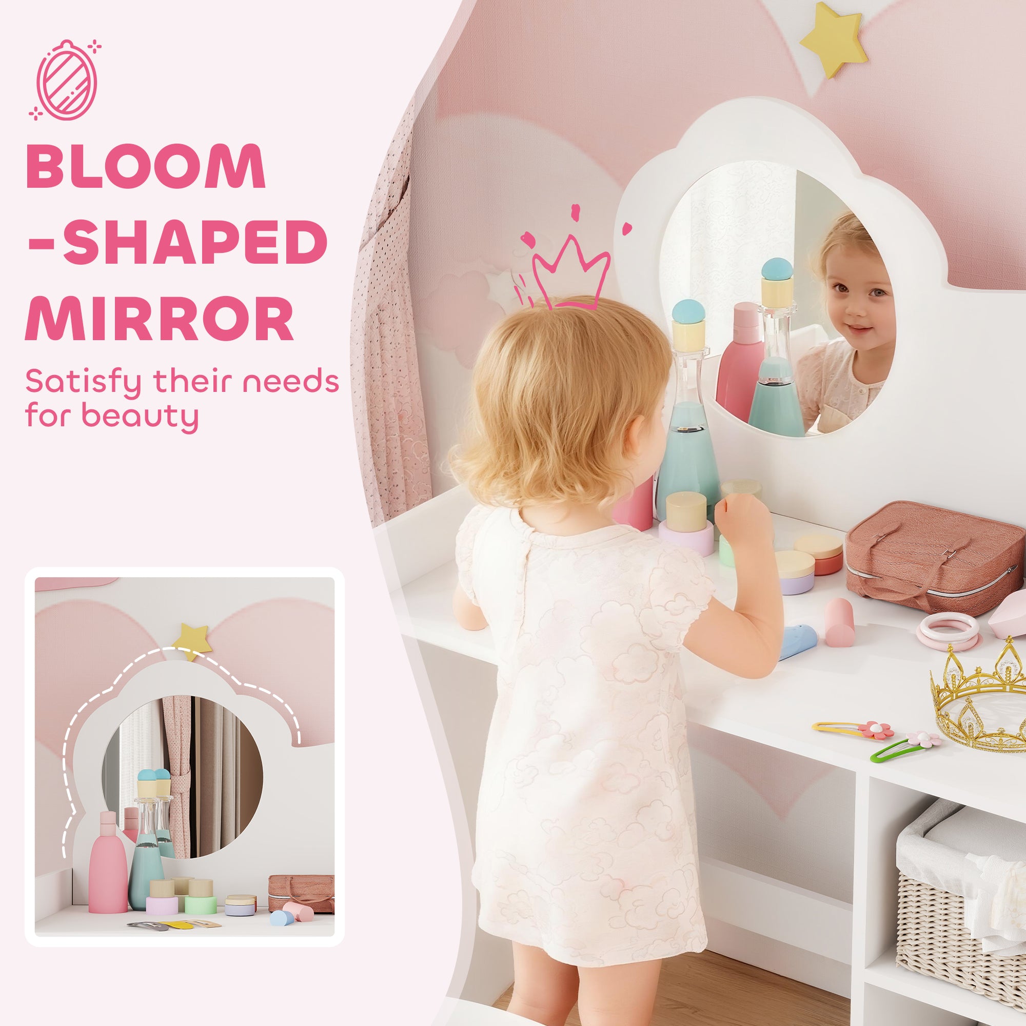 AIYAPLAY Kids Dressing Table with Mirror, Stool, Kids Vanity Table with Shelves, for Ages 3-8 Years, White 