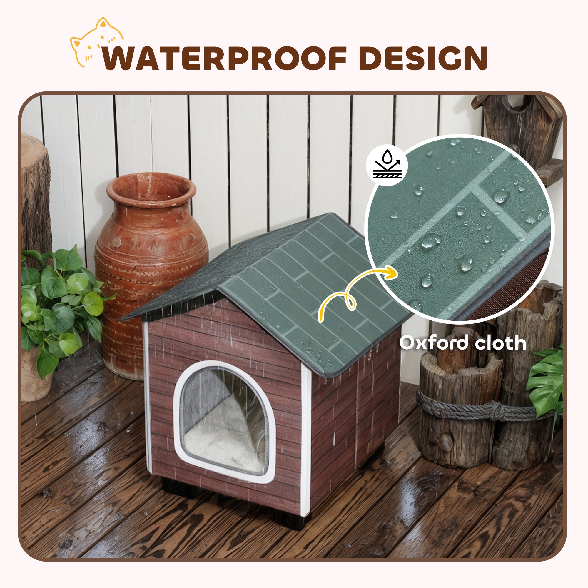 PawHut Insulated Outdoor Cat House, Water-Resistant Feral Cat Shelter with Elevated Base and Cushion, Red-brown 