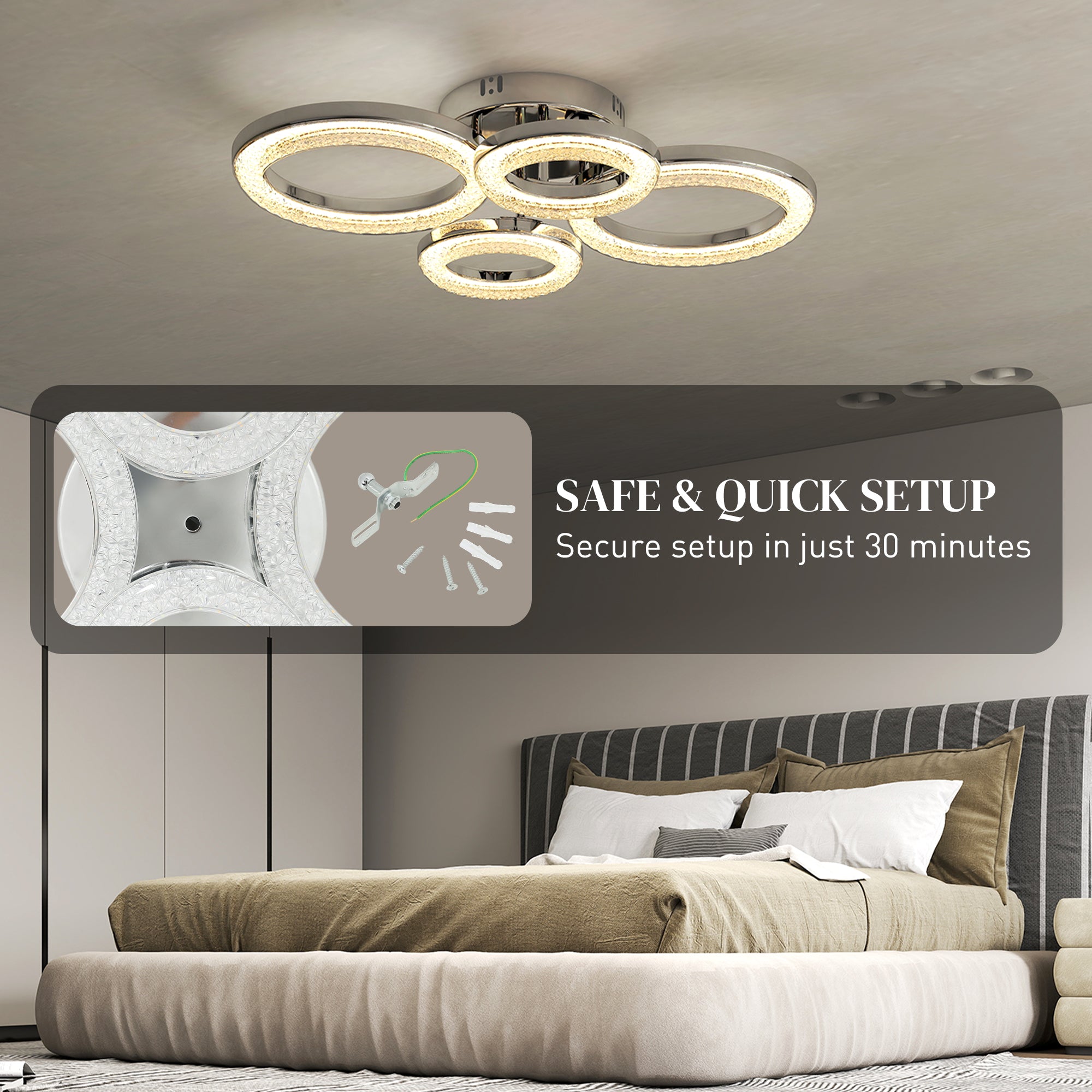 HOMCOM LED Ceiling Light, Modern Dimmable 4 Rings Ceiling Lamp with Wall Switch, 40W 4350lm Flush Mount Ceiling Light with 3500K/4500K/6000K Colour Temperatures for Living Room, Bedroom, Silver Tone 