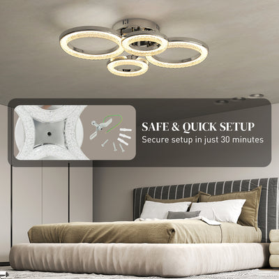 HOMCOM LED Ceiling Light, Modern Dimmable 4 Rings Ceiling Lamp with Wall Switch, 40W 4350lm Flush Mount Ceiling Light with 3500K/4500K/6000K Colour Temperatures for Living Room, Bedroom, Silver Tone 