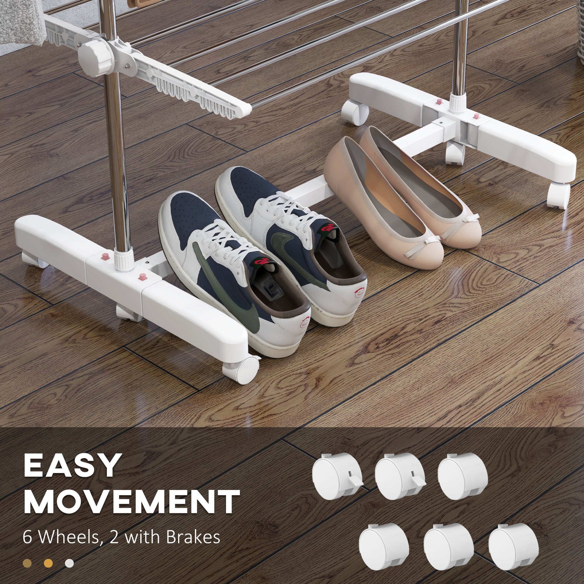 HOMCOM Four-Shelf Collapsing Clothes Horse, With Side Arms and Wheels - White 