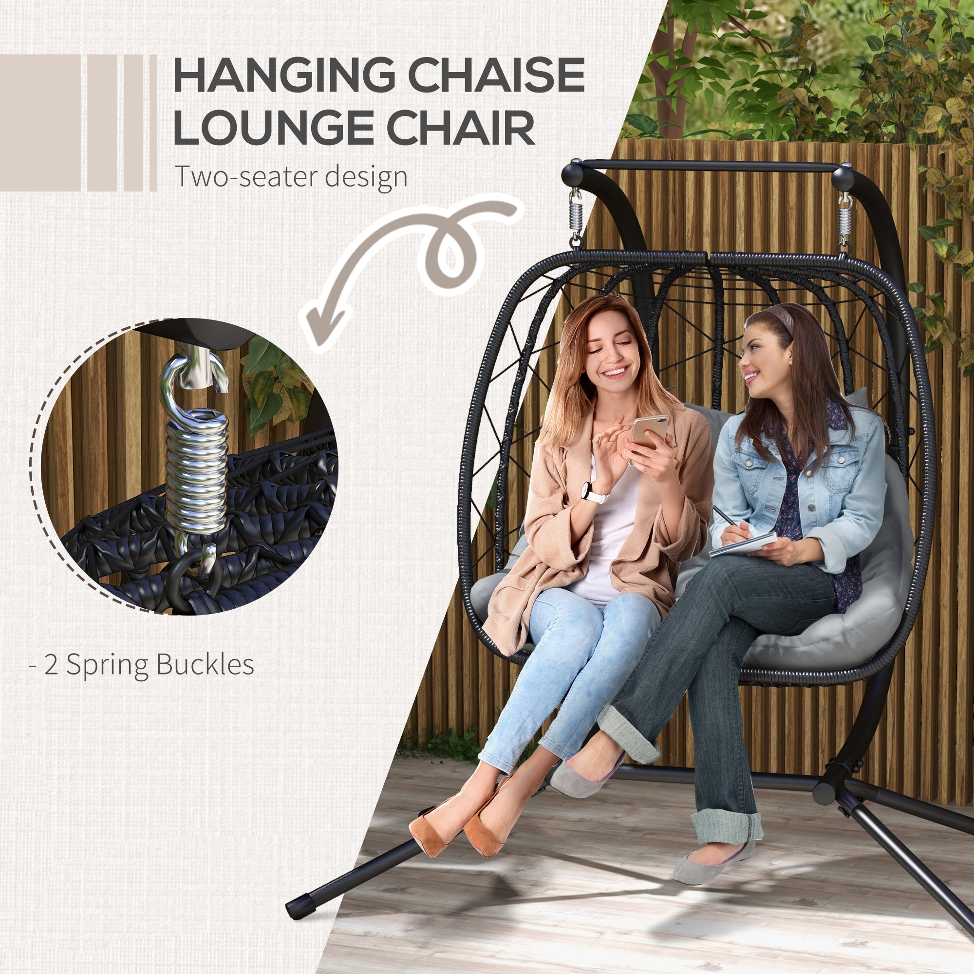 Outsunny Two-Seater Steel Frame Hanging Egg Chair - Black 