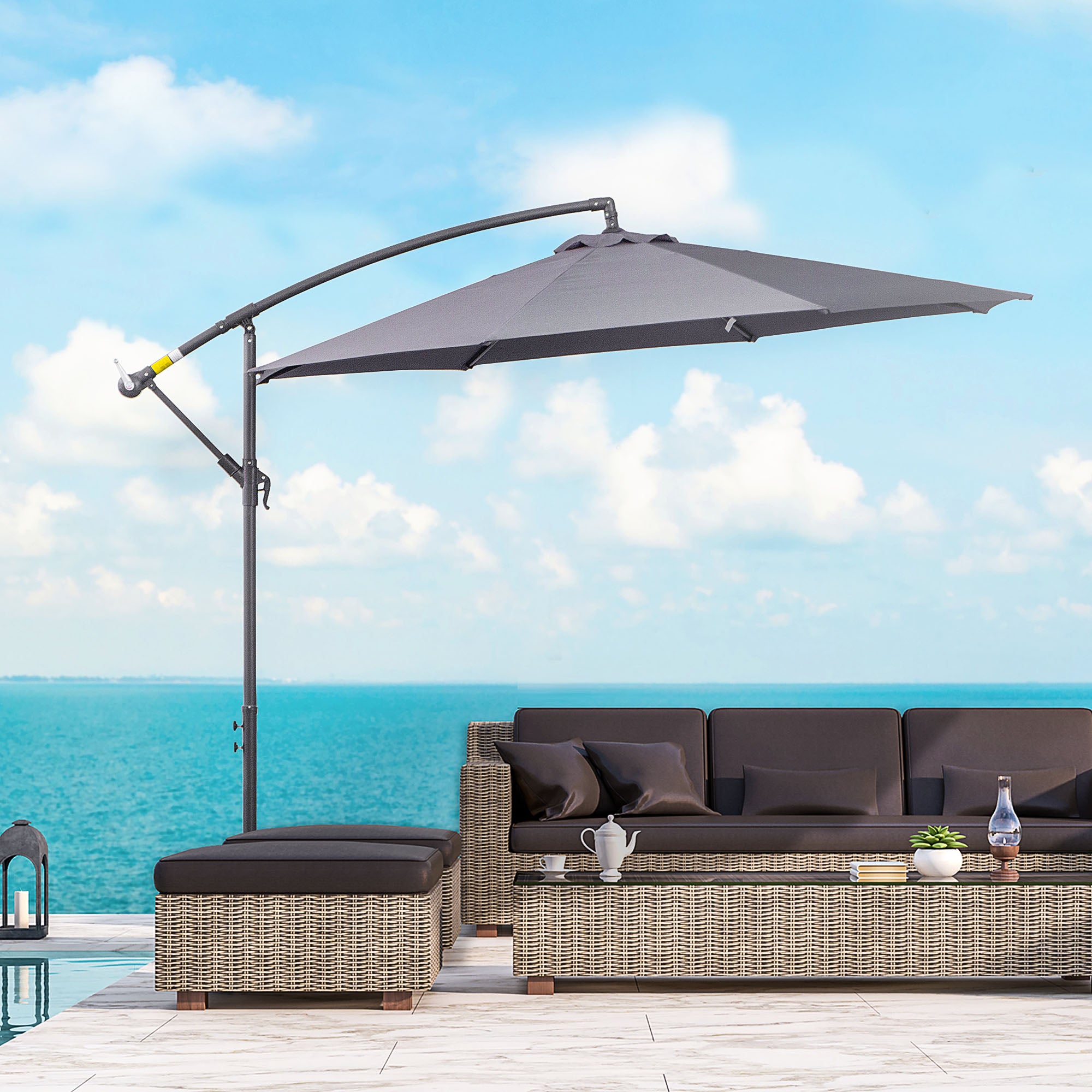 Outsunny 3(m) Garden Parasol Sun Shade Patio Banana Hanging Umbrella Cantilever with Crank Handle and Cross Base Grey 