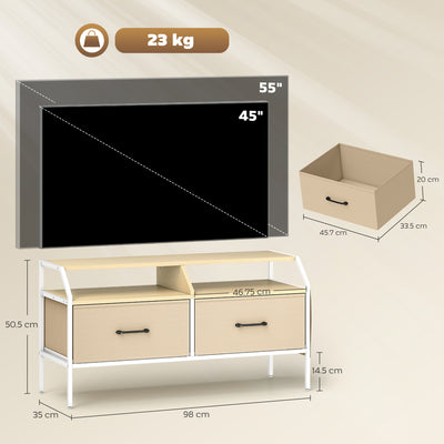 HOMCOM TV Stand Cabinet, TV Unit for 55-inch TVs with 2 Foldable Fabric Drawers, 5 Divided Side Pockets, Open Shelves, Console Table for Living Room, Bedroom, Entertainment Room, Natural Wood Finish 