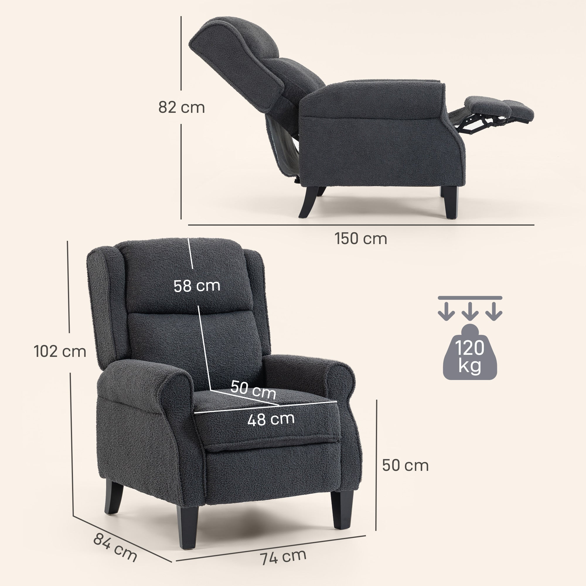 HOMCOM 132° Recliner Armchair, with Extended Footrest - Dark Grey 