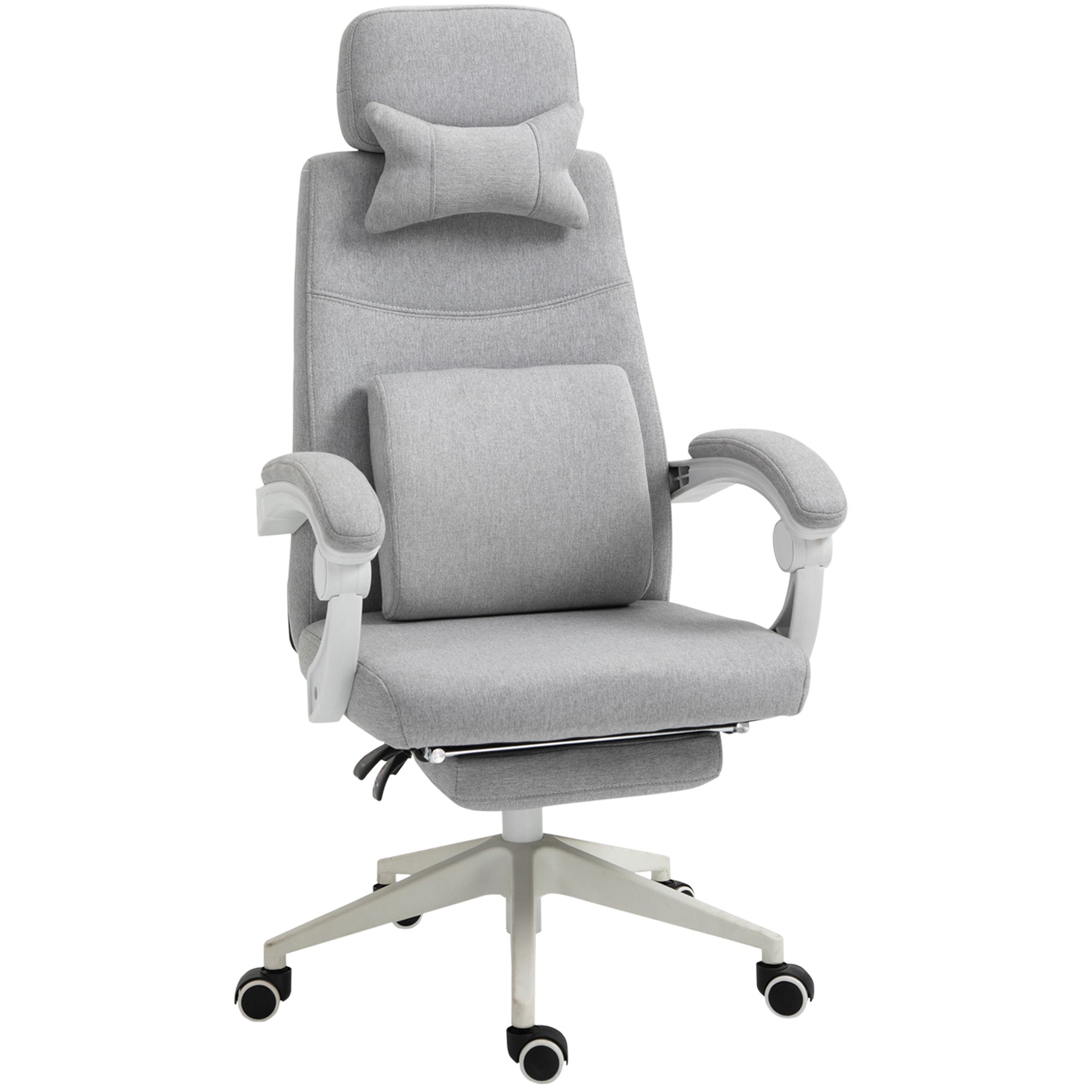 Vinsetto Office Chair, Ergonomic Desk Chair, High Back Fabric Work Chair with 160\'c2\'b0 Reclining Backrest, Retractable Footrest, Neck and Lumbar Pillow for Home and Study, Grey