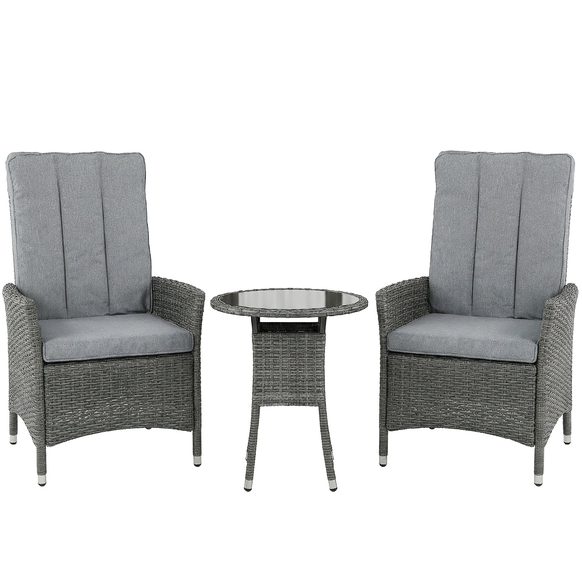 Outsunny Rattan Bistro Set, Reclining Garden Chairs and Glass Coffee Table with Cushions for Patio Balcony Porch, Grey 