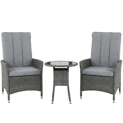 Outsunny Rattan Bistro Set, Reclining Garden Chairs and Glass Coffee Table with Cushions for Patio Balcony Porch, Grey 