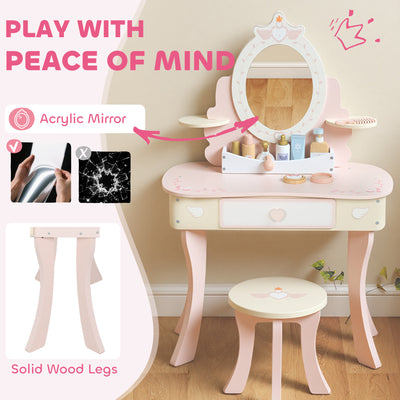 AIYAPLAY Kids Dressing Table, Girls Vanity Set with Mirror and Stool, 7 Play Accessories, Drawer, Desktop Storage, Pink 