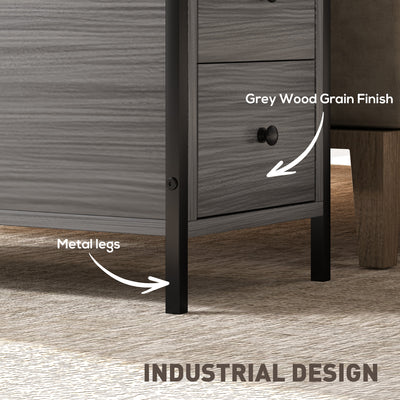 HOMCOM Side Table, Narrow Bedside Table with 2 Drawers and Storage Shelf, Industrial End Table with Metal Frame for Small Spaces, Grey Wood Grain 