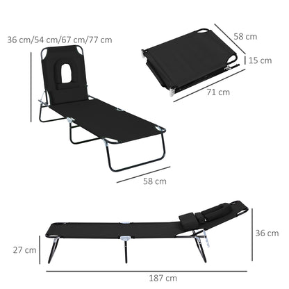 Outsunny Outdoor Foldable Sun Lounger, 4 Level Adjustable Backrest Reclining Sun Lounger Chair with Pillow and Reading Hole, Black 