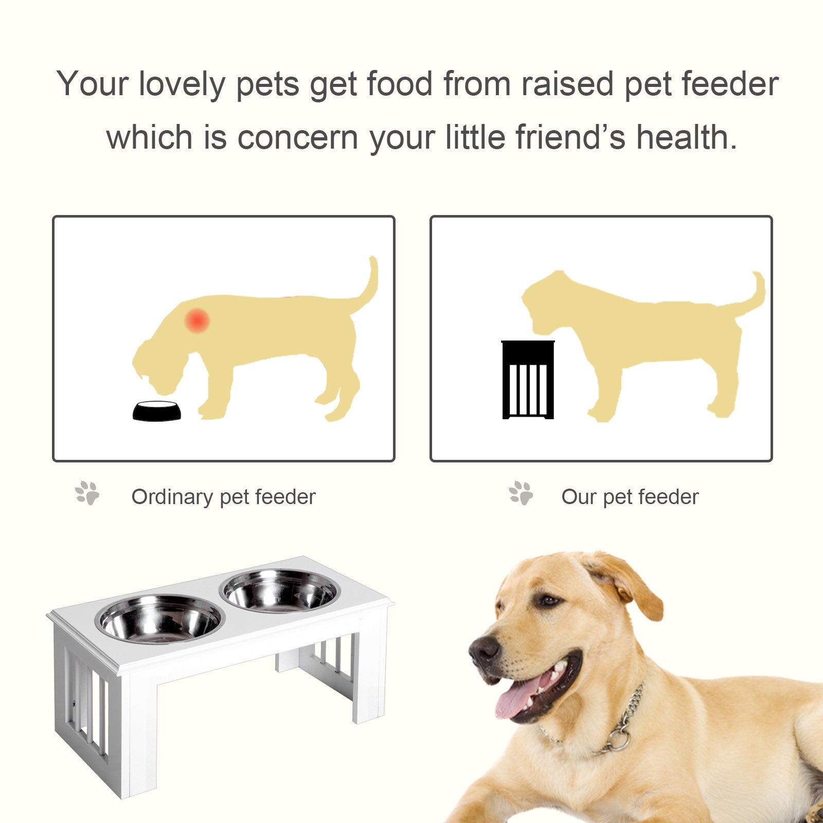 PawHut Raised Dog Feeding Bowls with Stand, Stainless Steel for Medium Dog, 58L x 31W x 25H cm - White 