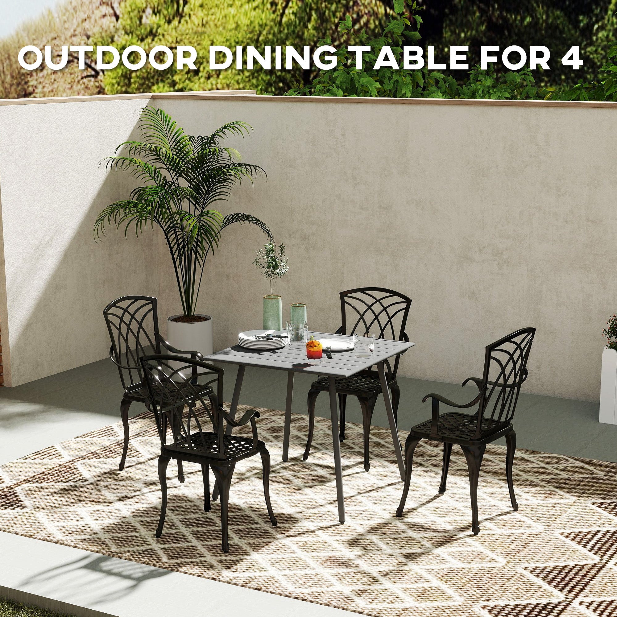 Outsunny Square Garden Table with Slat Top, Steel Frame, Outdoor Table for 4 Person, 80 x 80 x 74 cm, Grey 